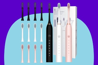 MSETGRD 3 Pack Electric Toothbrush Set on a blue background.