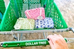hand holding floral cosmetic bags at dollar tree