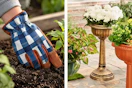 2 lifestyle images of gardening essentials: work gloves and planter