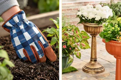 2 lifestyle images of gardening essentials: work gloves and planter