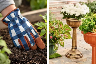 2 lifestyle images of gardening essentials: work gloves and planter