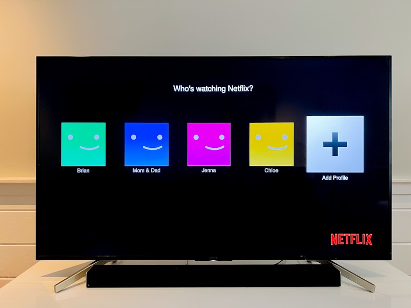 TV screen showing the Netflix app open on the profiles page asking "Who's watching Netflix?