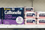 cottonelle toilet paper and flushable wipes on a shelf