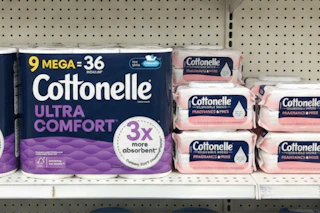 cottonelle toilet paper and flushable wipes on a shelf