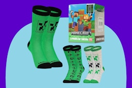 Minecraft Boys Crew Socks on a blue background.
