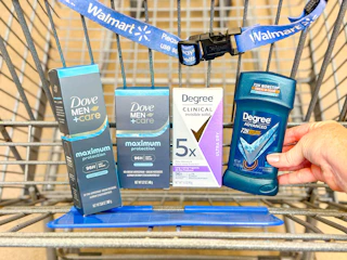 Dove M+C and Degree deodorant in a Walmart cart
