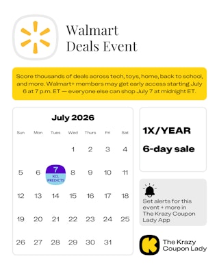 Calendar graphic of Walmart Deals Event predicted for July 7 2026