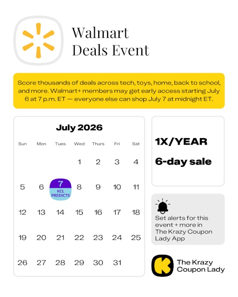 Calendar graphic of Walmart Deals Event predicted for July 7 2026