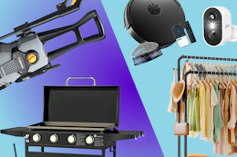 pressure washer, 4-burner griddle grill, robot vacuum, security camera, clothing rack