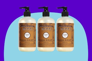 MRS. MEYER'S CLEAN DAY Hand Soap, Acorn Spice, Made with Essential Oils, 12.5 oz - Pack of 3 on a blue background.