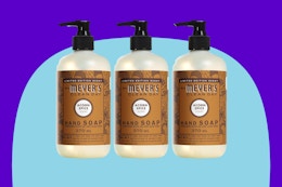 MRS. MEYER'S CLEAN DAY Hand Soap, Acorn Spice, Made with Essential Oils, 12.5 oz - Pack of 3 on a blue background.