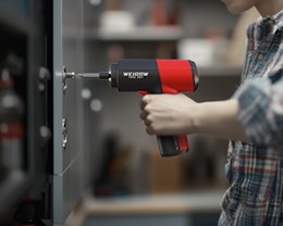 a person using a red cordless screwdriver on a metal panel