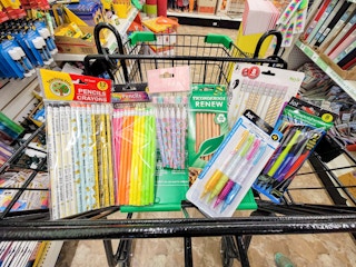 cart full of different types of pencils at dollar tree