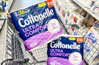 two packs of Cottonelle toilet paper in a shopping cart