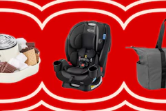 smores maker, graco car set, and gray duffel bag