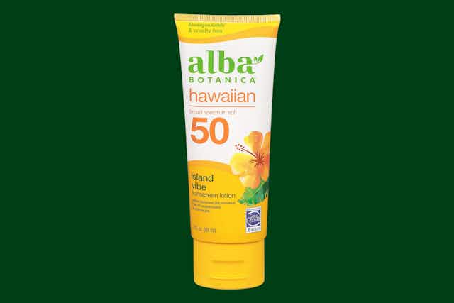 Alba Botanica Sunscreen — Get 2 Bottles for $11.98 on Amazon card image
