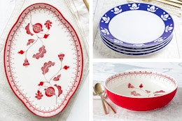 3 lifestyle images of the Sofia Home dinnerware collection: Platter, Bowl & Plate Set