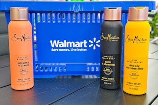 3 sheamoisture body wash together in front of a walmart basket