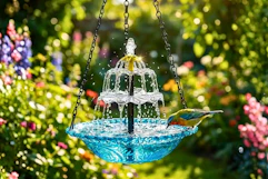 Lifestyle image of a hanging solar bird bath water fountain