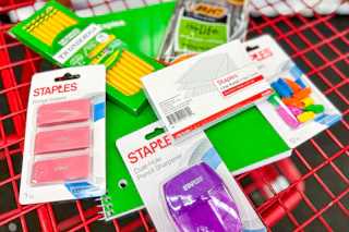 back to school products in a red cart
