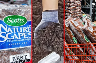 $2 Mulch at Home Depot and Lowe's + a lifestyle image of a gloved hand grabbing mulch out of bag