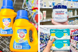 collage image of aquaphor baby ointment, pampers wipes, and arm & hammer detergent