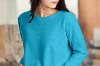 a woman wearinng a hanes sweatshirt