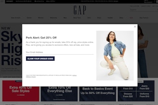 GAP clothing store website welcome coupon form.