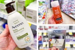 collage with aveeno, neutrogena, and olay products