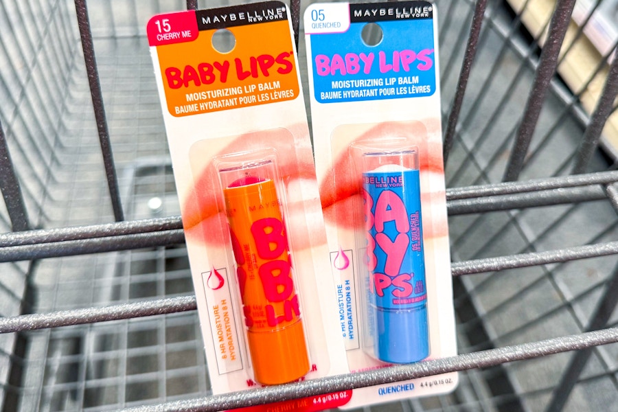 two maybelline baby lips lip balms in a cvs shopping cart