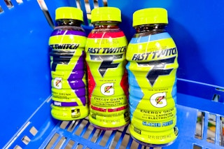 three bottle of Gatorade Fast Twitch in a blue Walmart basket