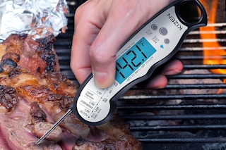 A hand measuring the temperature of meat
