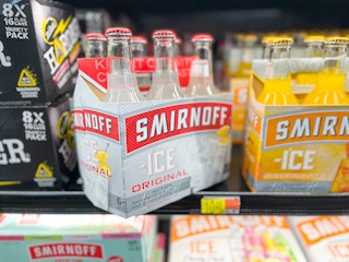 angled 6-pack of Smirnoff Ice on Walmart shelf
