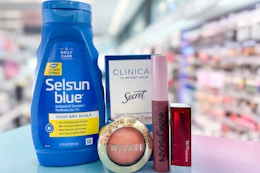 selsun blue shampoo, secret clinical deodorant, milani blush, nyx and maybelline lipsticks