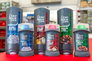 6 Dove Men+ Care Holiday Products lined up in Walmart store