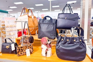 display of a variety of styles of handbags