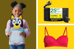 Bluey Squishmallow, 25 ft Extension Cord & red women's bra