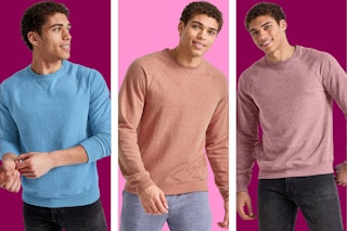 blue, rusty, and pink men's Hanes sweatshirt