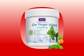 A jar of 60 pet ear wipes with aloe and mint next to it