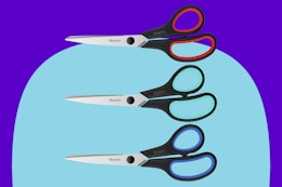 3-Pack 8" Heavy Duty Scissors with Ultra Sharp Blades on a blue background.
