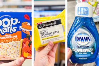collage with pop-tarts, neutrogena wipes, and dawn powerwash