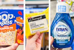 collage with pop-tarts, neutrogena wipes, and dawn powerwash