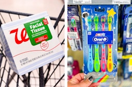 collage with walgreens brand tissue and oral-b toothbrushes