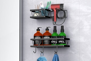 shower caddy with products on a wall