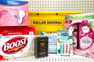 dollar general health and beauty clearance items on a shelf