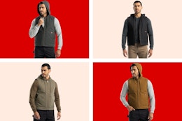 4 stock images of a man wearing the Wrangler Work Vest in 4 different colors