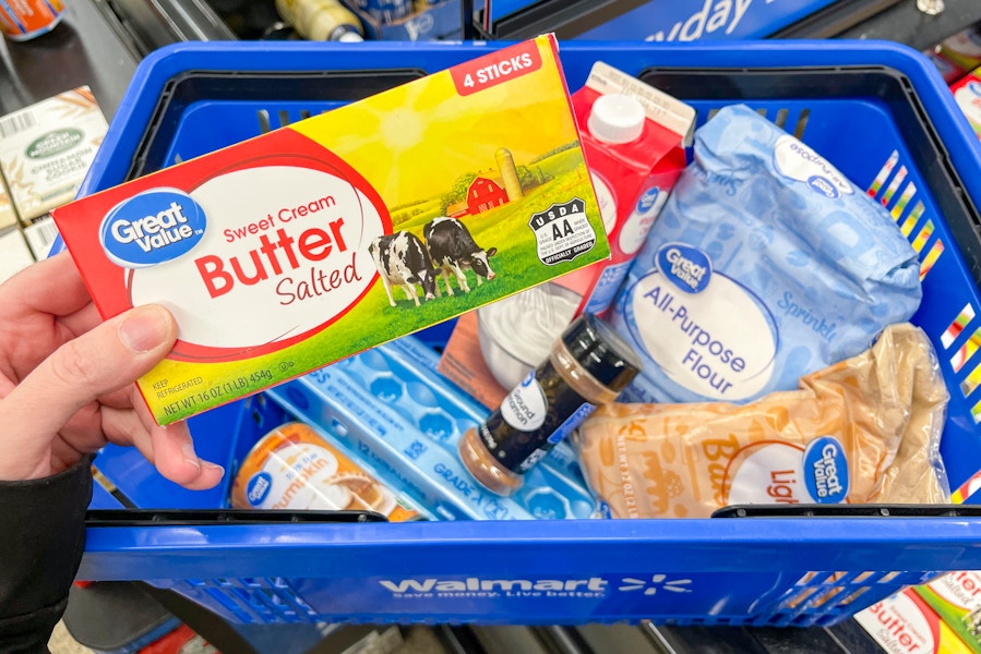 Pumpkin pie ingredients in a Walmart basket