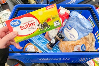 Pumpkin pie ingredients in a Walmart basket