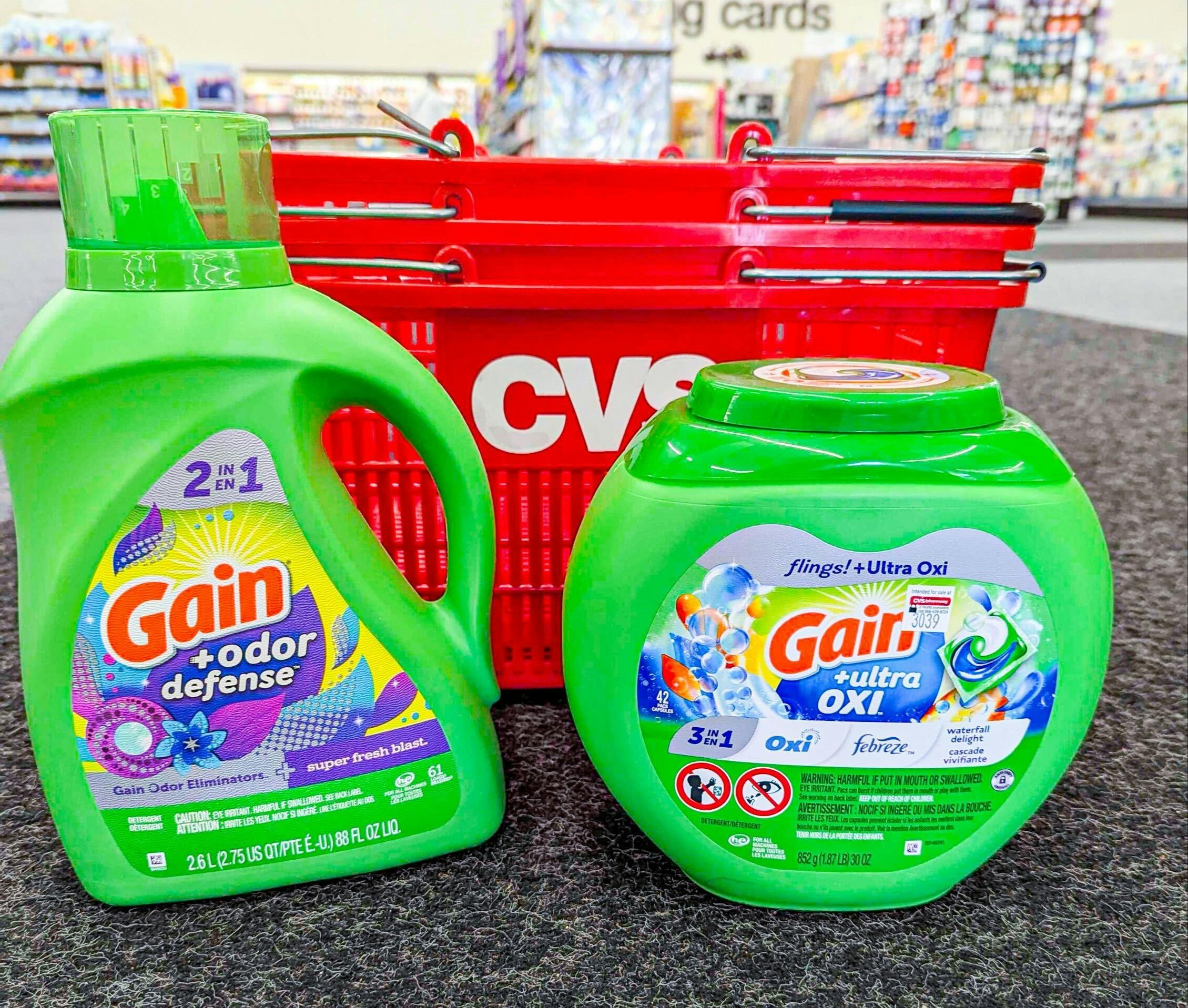 gain detergent products in front of cvs shopping basket