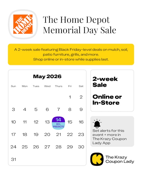 Calendar graphic of The Home Depot Memorial Day Sale that is predicted for May 14 2026